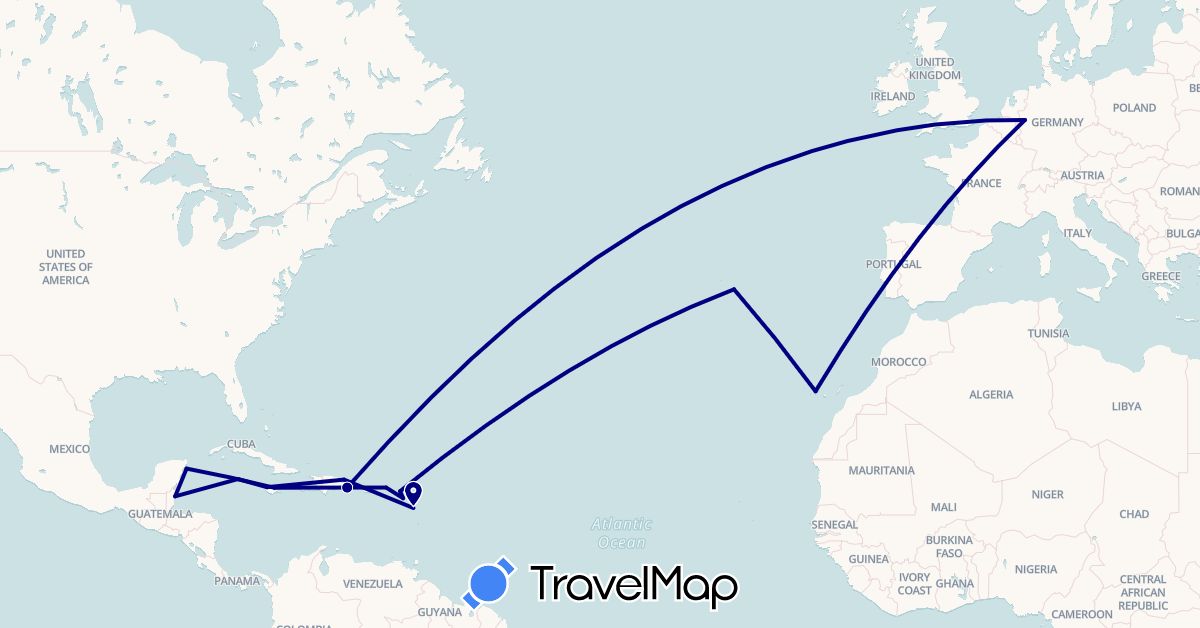 TravelMap itinerary: driving in Belize, Germany, Dominican Republic, Spain, France, Jamaica, Saint Kitts and Nevis, Cayman Islands, Mexico, Netherlands, Portugal, British Virgin Islands (Europe, North America)